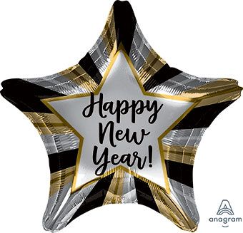18" Happy New Year Star (Black, Gold, Silver) Foil Balloon