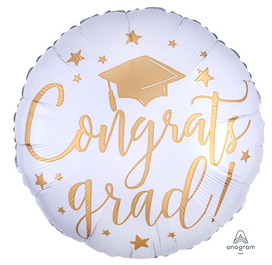 18" Congrats Grad Round White/Gold Foil Balloon