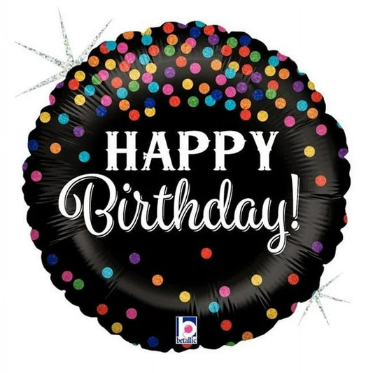 18" Happy Birthday Black Rainbow Dots Foil Balloon