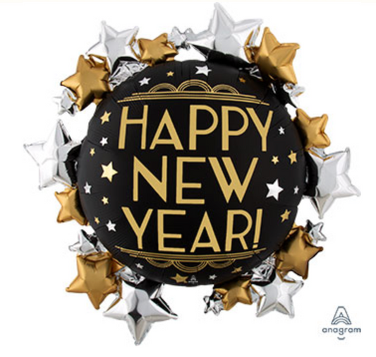 30" Happy New Year Gold and Silver Stars Foil Balloon